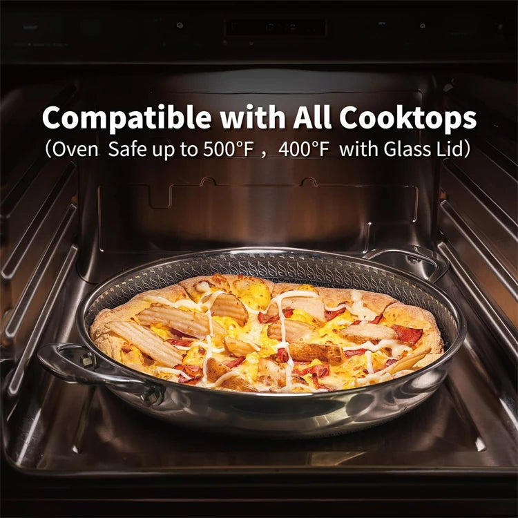 Honeycomb Tri-Ply Stainless Steel Skillet / Paella Pan – Non-Stick Frying Pan with Glass Lid Perfect for Searing, Stir-Frying & One-Pan Meals or preparing paella, Available in 26cm, 28cm, 30cm, 32cm