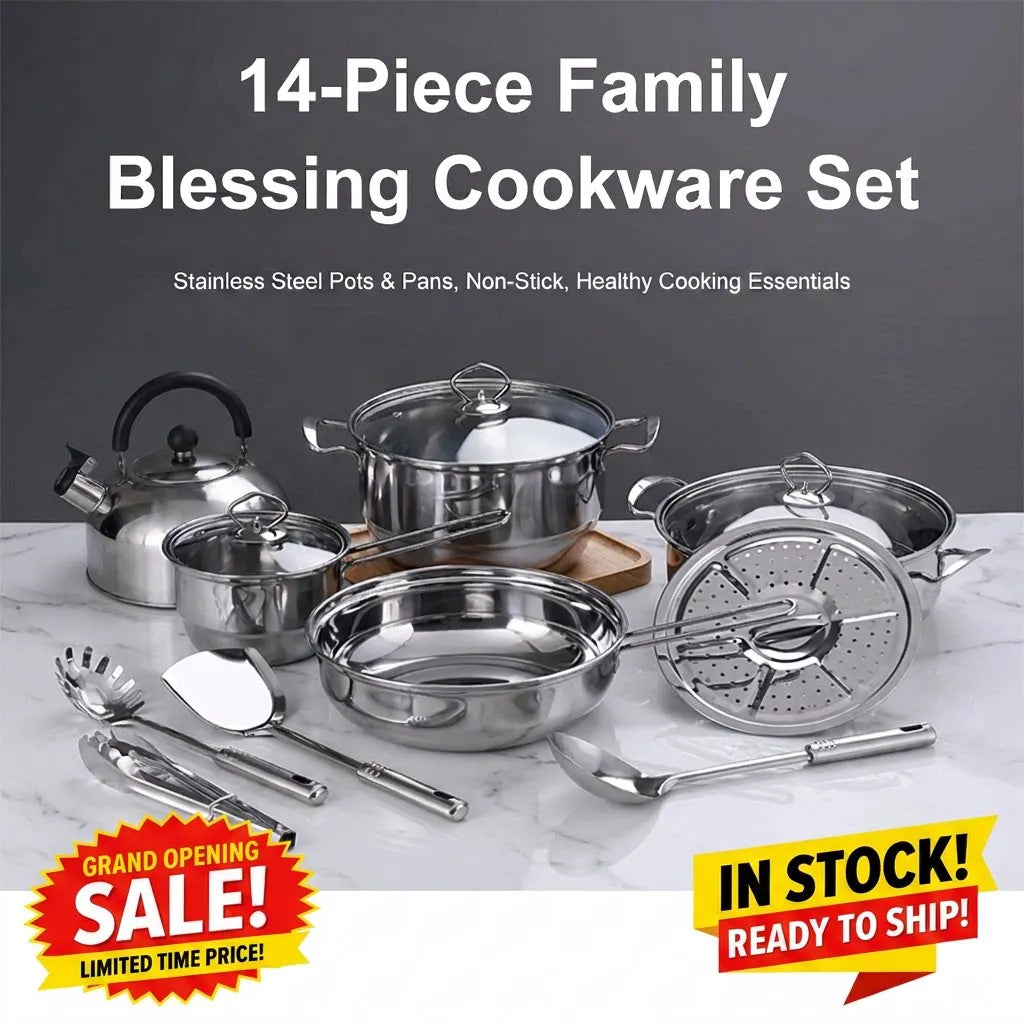 14 Piece Stainless Steel Pots & Pans Set with Kettle – Ceramic Non-Stick Cookware with Glass Lids, Steamer & Utensils – Great for Induction & Everyday Family Cooking