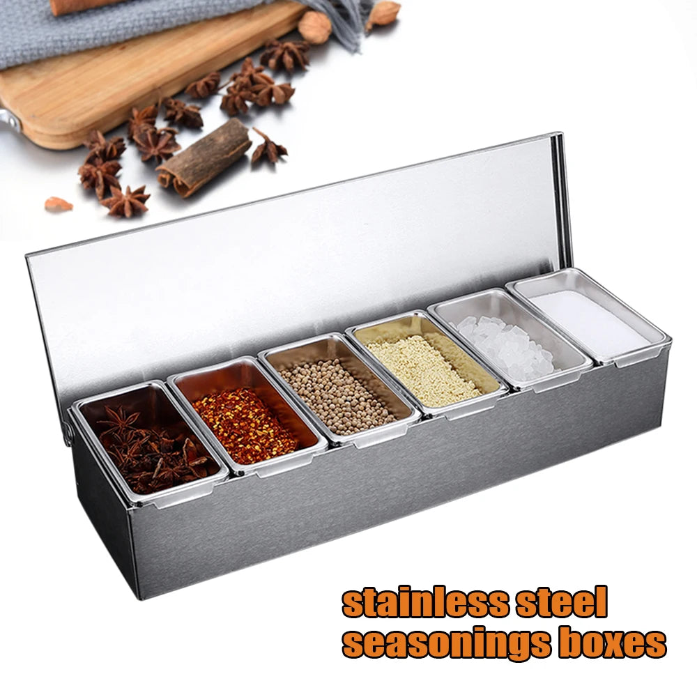 Stainless Steel 6-Compartment Seasoning Box with Lid