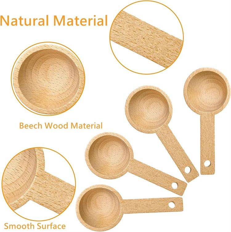 4 Piece Beech Wood Coffee Scoops – Wooden Measuring Spoons for Coffee Beans, Ground Coffee & Tea – Best for Coffee Beans, Ground Coffee & Loose Tea – Available in Small, Medium, Large, XL & XXL