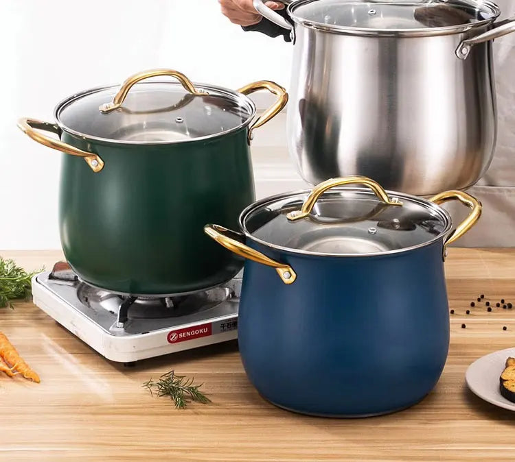 Stainless Steel Stock Pot with Glass Lid & Gold Handles – Thickened Base, Induction Compatible, Great for Soups, Stews, and Everyday Cooking