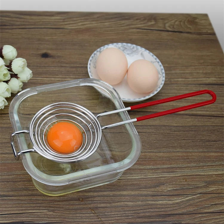 Long Handle Stainless Steel Egg Separator – Egg White & Yolk Divider Filter – Ideal for Baking, Meringues & Omelettes – Available in Brown & Red Colours