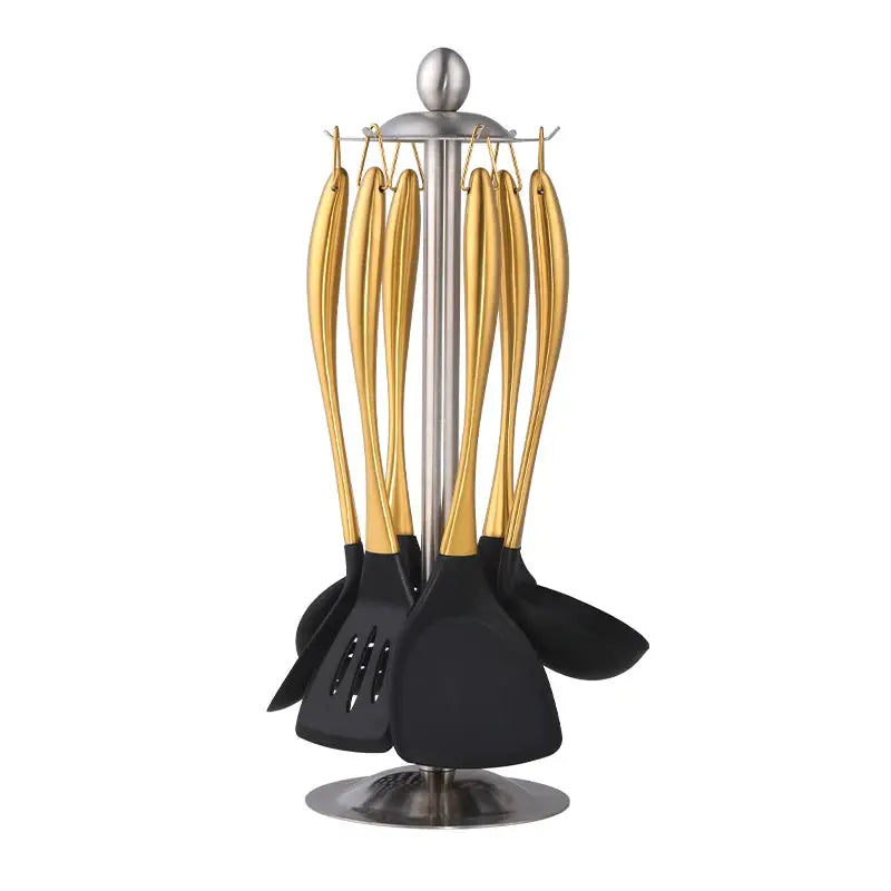 7-Piece Silicone Utensil Set with Golden Stainless Steel Handles - Cooking Utensil Set 7pcs-Gold