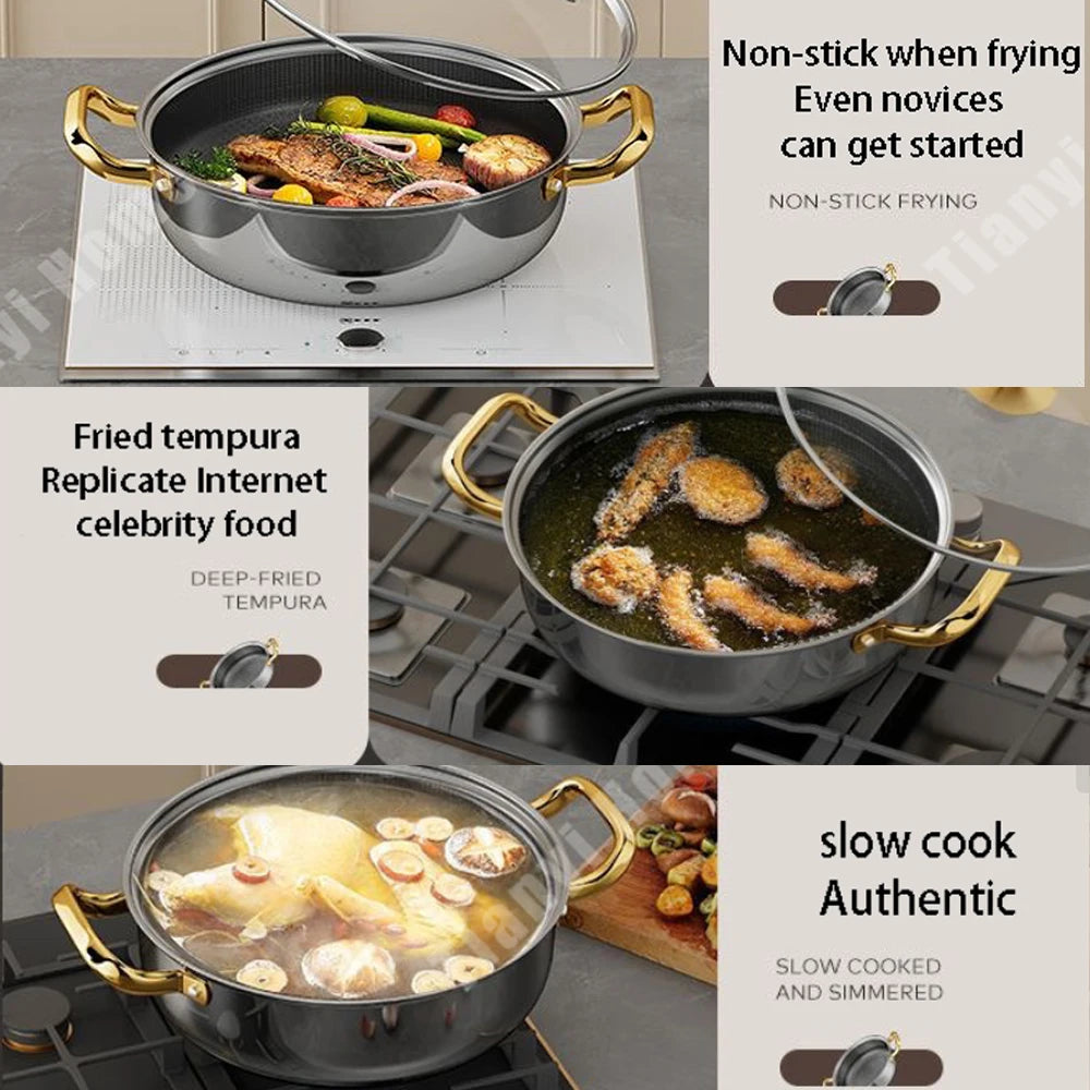 Honeycomb Stainless Steel Soup Pot with Lid – Multi-Purpose Non-Stick Pot for Frying, Stewing, Searing, Stir-Fry, Soup & Stock – Works on All Stovetops – Available in 28cm and 30cm