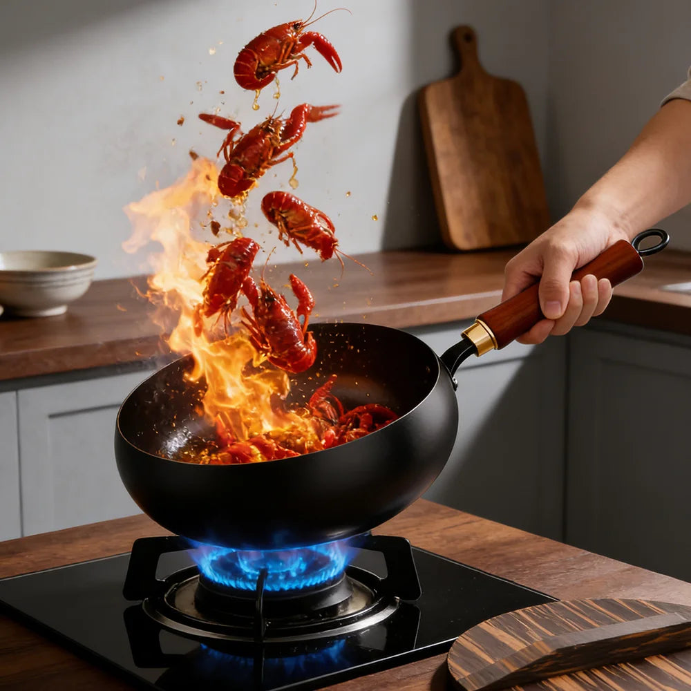 Carbon Steel Wok with Wooden Lid & Beech Handle – Round Base Stir-Fry Pan & Soup Pot for All Hobs – Ideal for Stir-Fries, Soups & Braising (28cm)