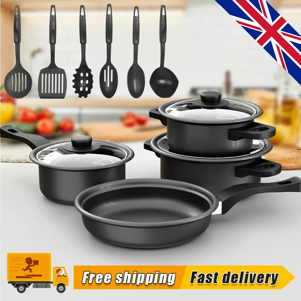 13 Piece Non-Stick Cookware Set with Glass Lids & Kitchen Utensils – Frying Pan, Casserole & Saucepans – Best for Complete Kitchen Starter Sets