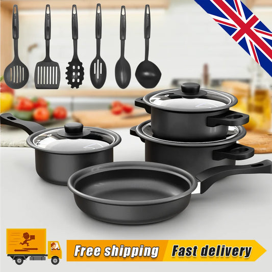 13 Piece Non-Stick Cookware Set with Glass Lids & Kitchen Utensils – Frying Pan, Casserole & Saucepans – Best for Complete Kitchen Starter Sets
