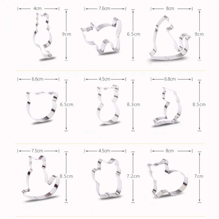9 Piece Stainless Steel Cat Cookie Cutter Set – Cute Cat Biscuit & Fondant Cutters – Ideal for Baking & Cake Decorating