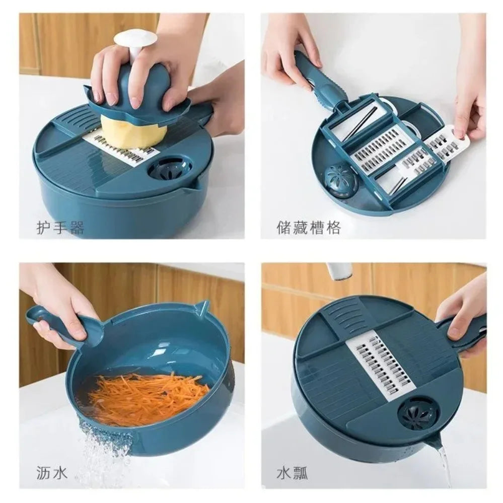 Multi-Function Vegetable Slicer with Drain Basket – Potato, Carrot & Cheese Cutter – Perfect for Slicing, Shredding & Rinsing Veg