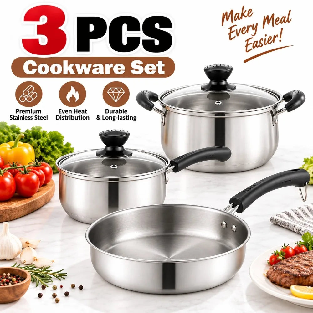 3 Piece Stainless Steel Cookware Set – Frying Pan, Saucepan & Stock Pot with Glass Lid – Ideal for Induction, Gas & Everyday Cooking (18cm)