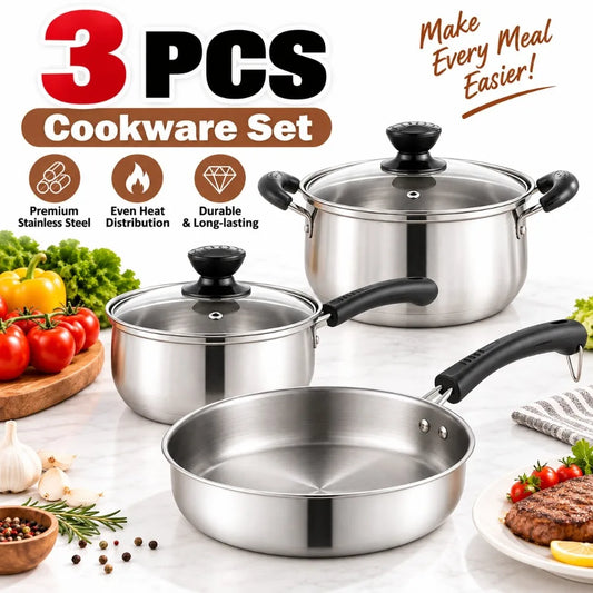 3 Piece Stainless Steel Cookware Set – Frying Pan, Saucepan & Stock Pot with Glass Lid – Ideal for Induction, Gas & Everyday Cooking (18cm)