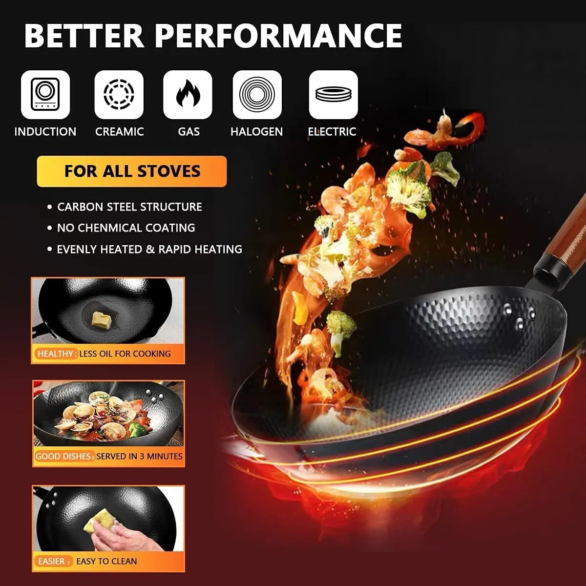 Pure Iron Wok with Wooden Cover – Non-Coated Household Stir-Fry Wok for Gas, Electric & Induction – Great for Everyday Family Stir-Fries (32cm)