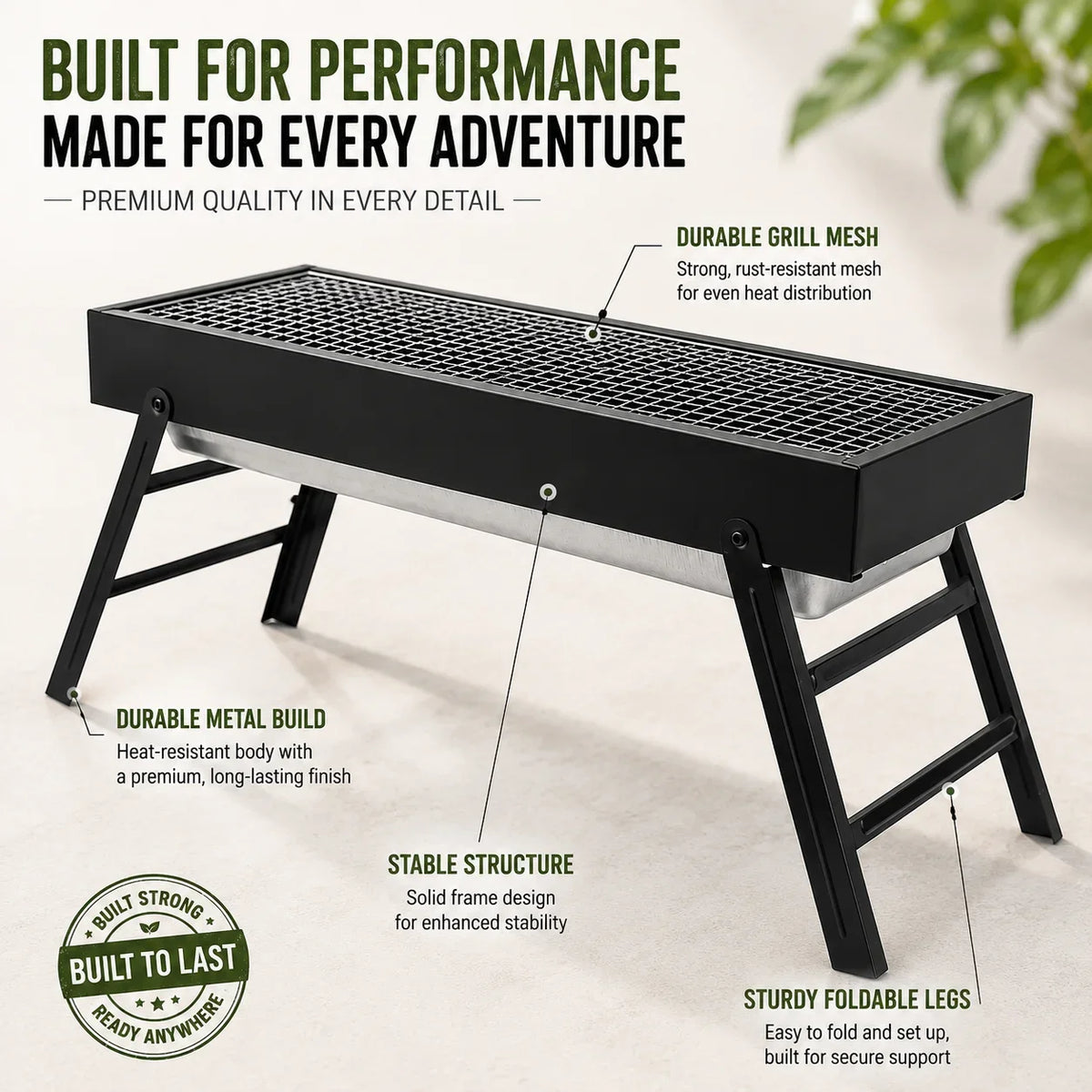 Portable Folding Charcoal BBQ Grill – Compact Stainless Steel Camping Barbecue – Perfect for Picnics, Garden & Travel (60 x 22.5 x 32cm)