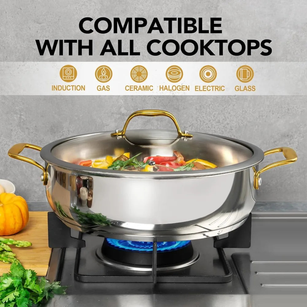 Stainless Steel Sauté Pan with Golden Handles & Glass Lid – Tri-Ply Deep Pan Ideal for Searing, Sautéing, Frying, Simmering & One-Pan Meals – Durable, Even-Heat Construction – All-Cooktop Compatible – 30cm