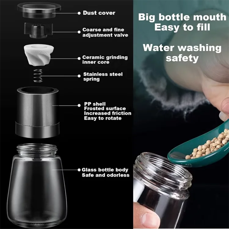 Adjustable Ceramic Salt & Pepper Grinder Set – Manual Glass Pepper Mill & Herb Grinder – Best for Sea Salt, Peppercorns & Dried Herbs