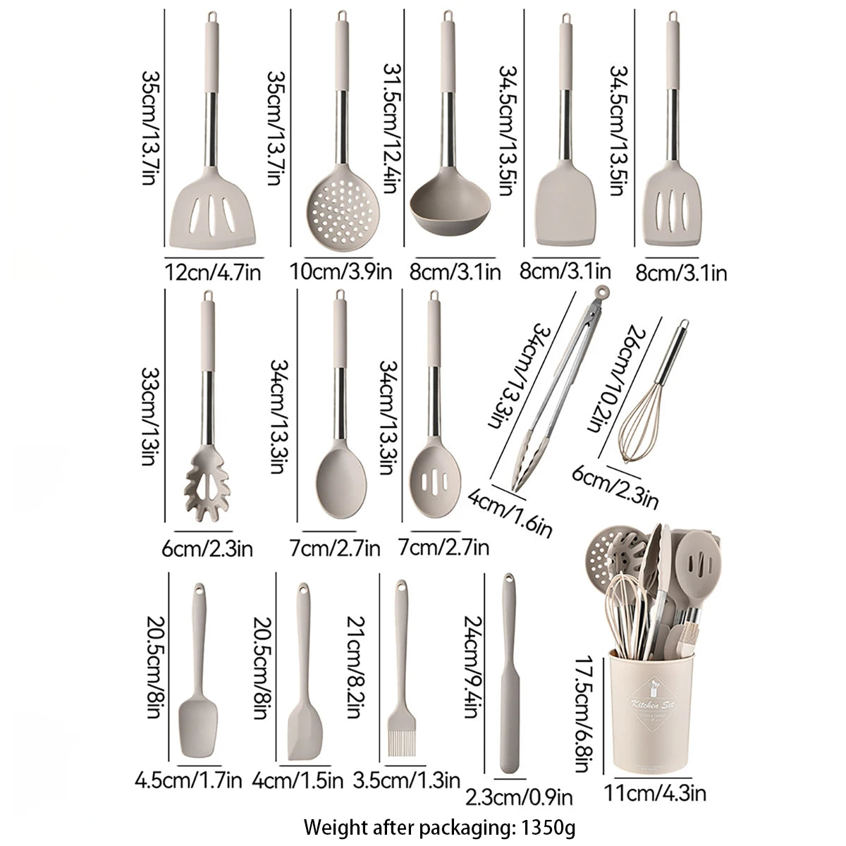 15-Piece Silicone Kitchen Utensils Set – Heat-Resistant Spatulas, Spoons, Turners, Brush, and Whisk, Perfect for Non-Stick Cookware,Available in Black, Grey & Khaki