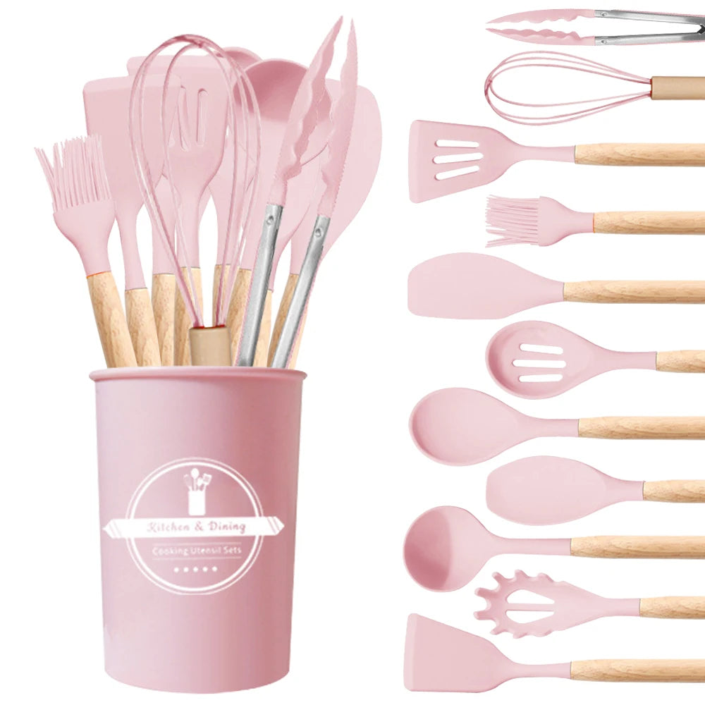 Pink Silicone Kitchen Utensil Set with Wooden Handles – 12 Piece Non-Stick Spatulas, Turner & Whisk – Ideal for Non-Stick Cookware & Baking