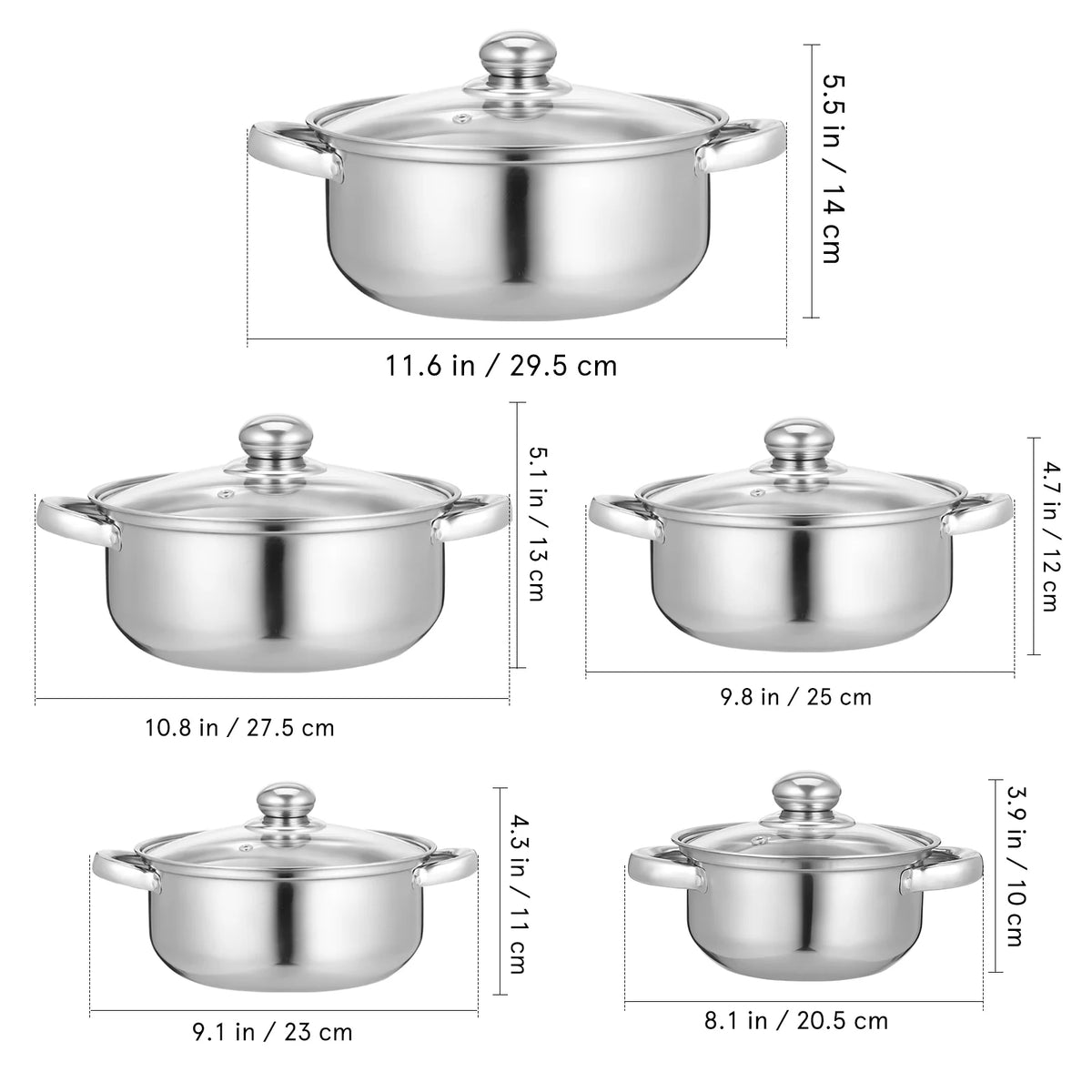 5 Piece Stainless Steel Saucepan & Stock Pot Set with Glass Lids – Induction Pots & Pans – Perfect for Soups, Sauces & Home Cooking