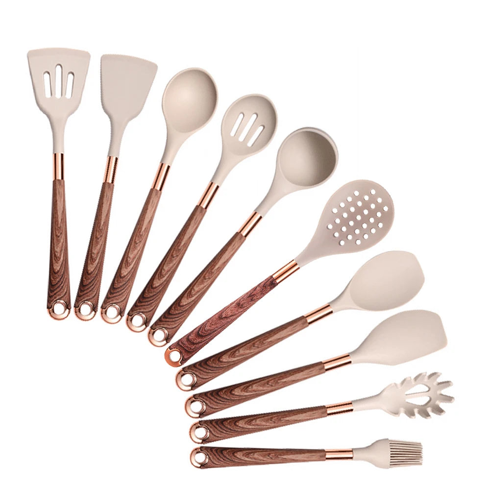 Silicone Cooking Utensils Set with Gold-Plated Handles – Non-Stick Safe, Heat Resistant | Black & Beige | Available in 5, 7, 10 & 12-Piece Sets