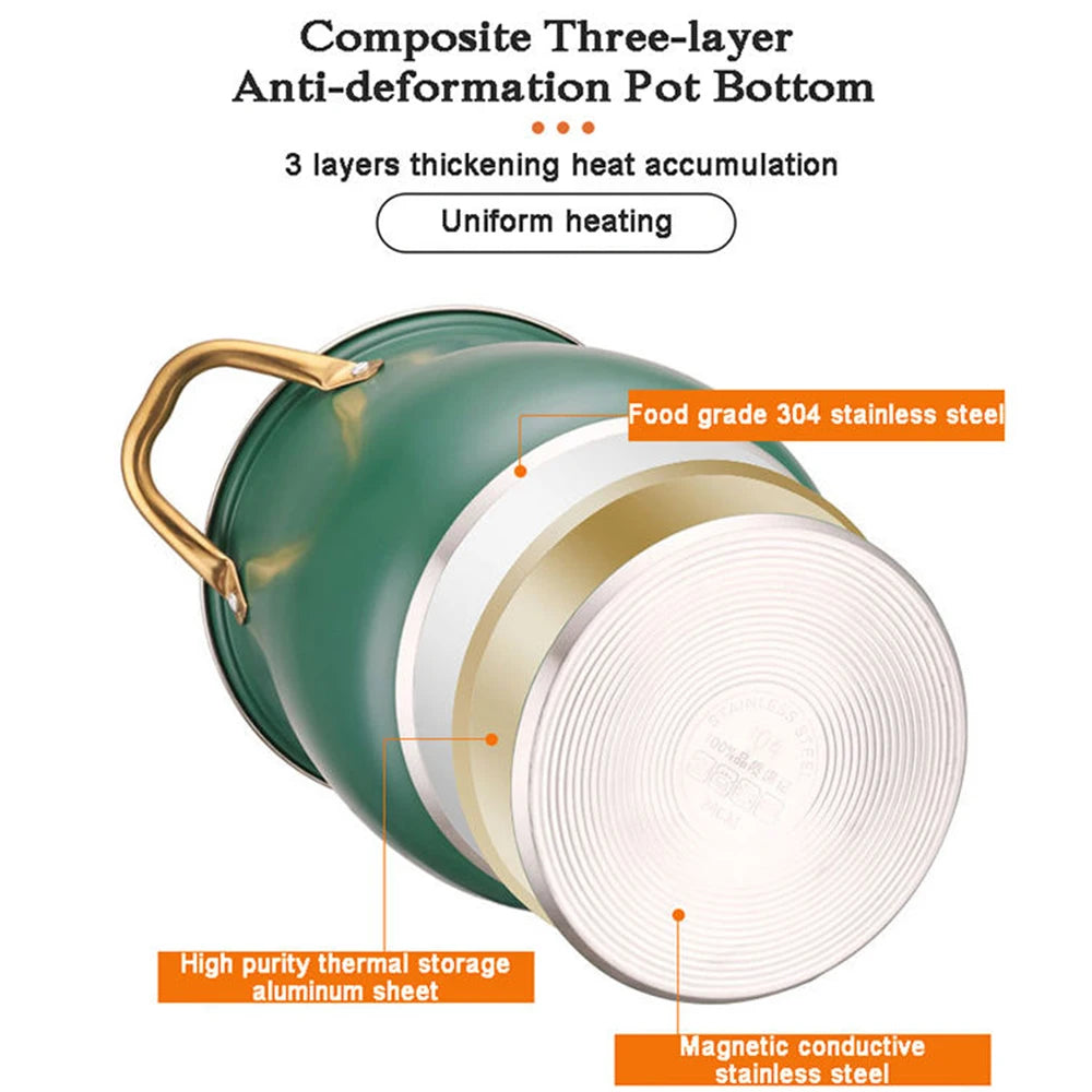 Stainless Steel Stock Pot with Glass Lid & Gold Handles – Thickened Base, Induction Compatible, Great for Soups, Stews, and Everyday Cooking