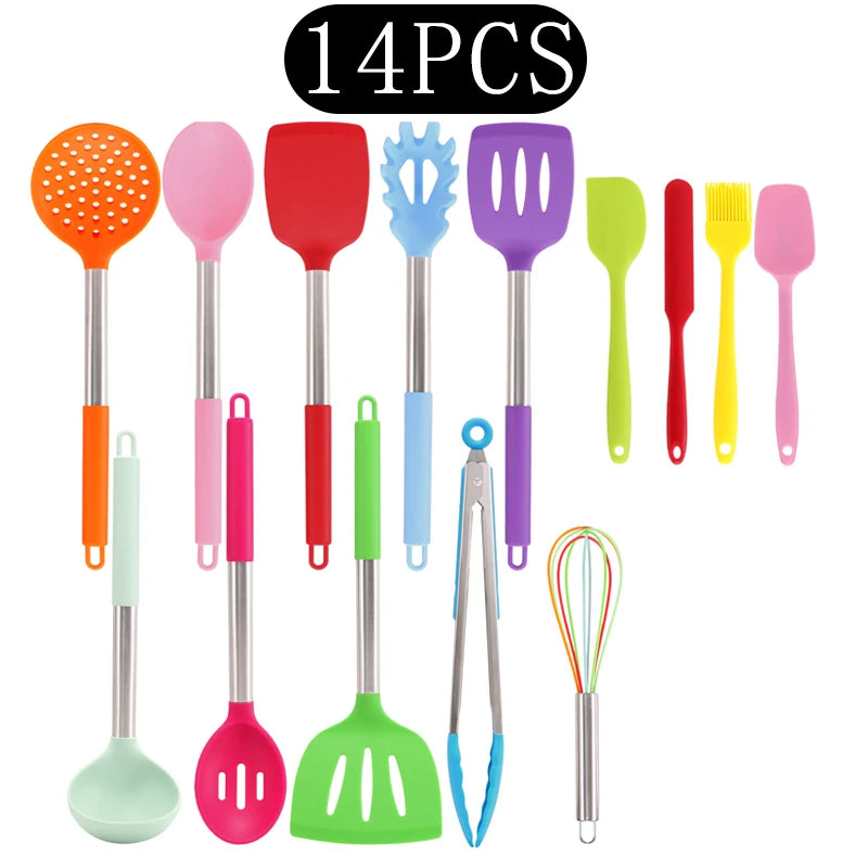 Silicone Kitchen Utensils Set with Stainless Steel Handles – Non-Stick, Heat-Resistant Cooking  Kitchen Utensils for Everyday Cooking & Baking, Available in 4 Colours & Multiple Set Sizes