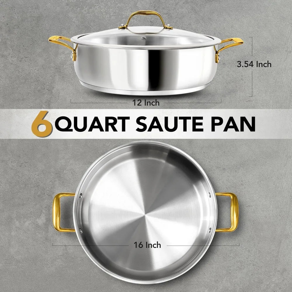 Stainless Steel Sauté Pan with Golden Handles & Glass Lid – Tri-Ply Deep Pan Ideal for Searing, Sautéing, Frying, Simmering & One-Pan Meals – Durable, Even-Heat Construction – All-Cooktop Compatible – 30cm