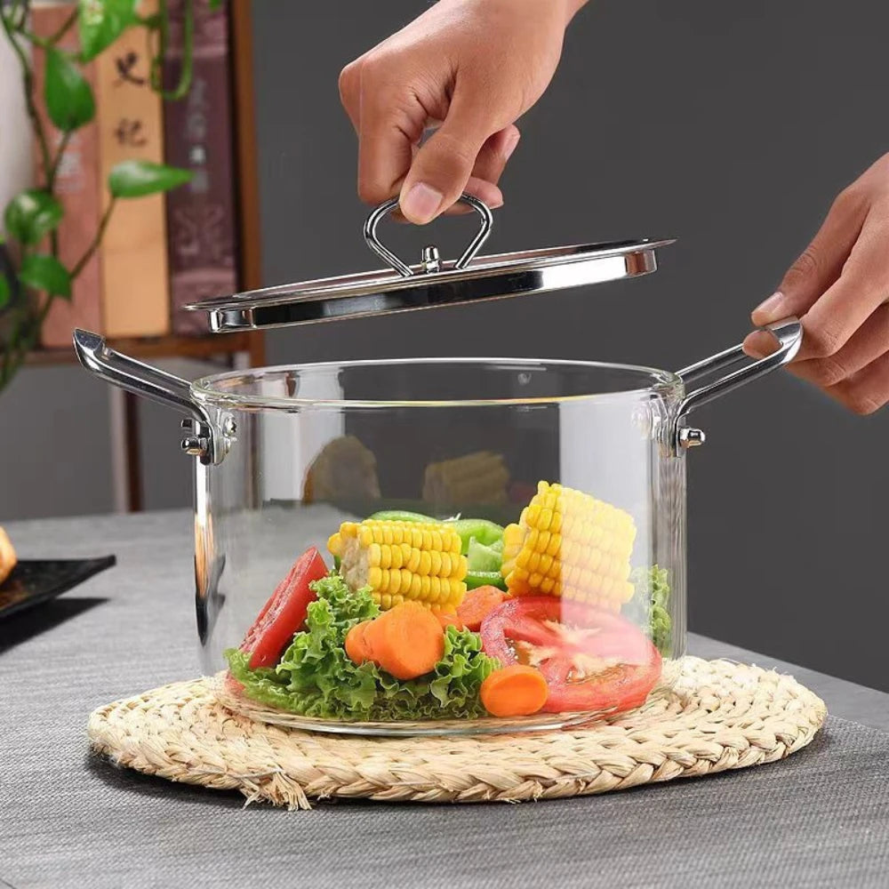 3.5L Transparent Glass Stockpot with Lid – Gold-Toned Stainless Steel Double Handles, Heat-Resistant & See-Through Cooking Pot Ideal for Stews, Soups, Pasta, Milk & More – Safe for Gas & Induction – Available in Gold-Toned or Silver-Toned Handle and Lid