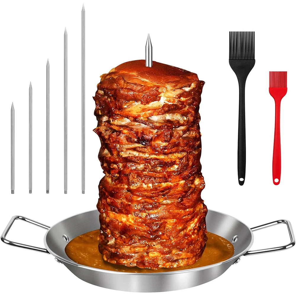 Stainless Steel Vertical Al Pastor Skewer with Base Plate – Brazilian Style Vertical Spit Stand – Perfect for Shawarma, Tacos & Outdoor BBQ Grills – Available in 4 Pieces, 6 Pieces & 8 Pieces