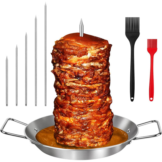 Stainless Steel Vertical Al Pastor Skewer with Base Plate – Brazilian Style Vertical Spit Stand – Perfect for Shawarma, Tacos & Outdoor BBQ Grills – Available in 4 Pieces, 6 Pieces & 8 Pieces
