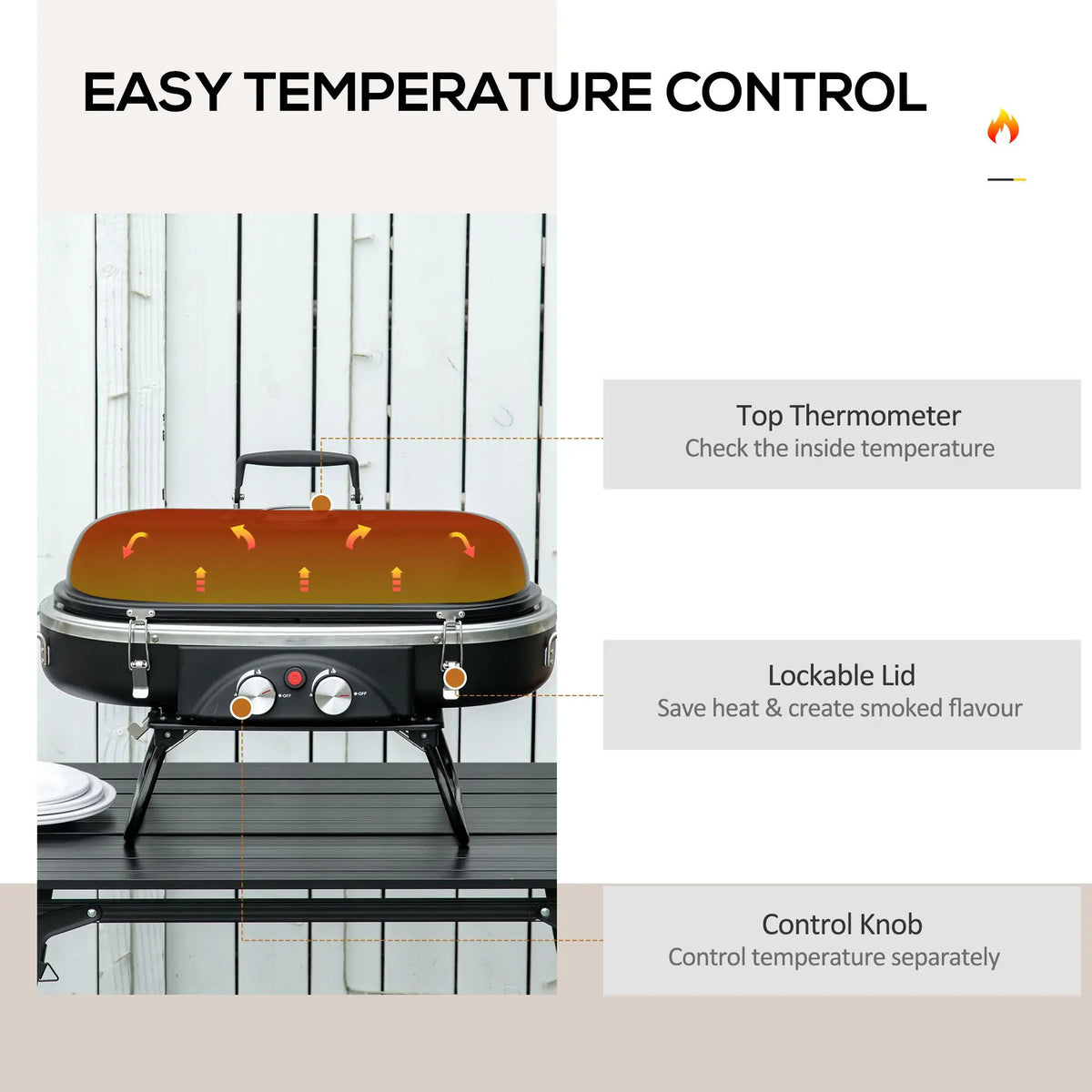 Portable 2 Burner Gas BBQ Grill with Lid & Thermometer – Foldable Camping Gas Barbecue with Piezo Ignition – Great for Picnics, Festivals & Garden