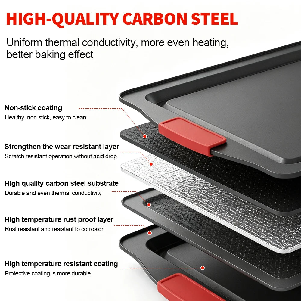 3 Piece Non-Stick Carbon Steel Baking Tray Set with Silicone Handles & Cookie Cutters – Best for Biscuits, Cakes & Roasting