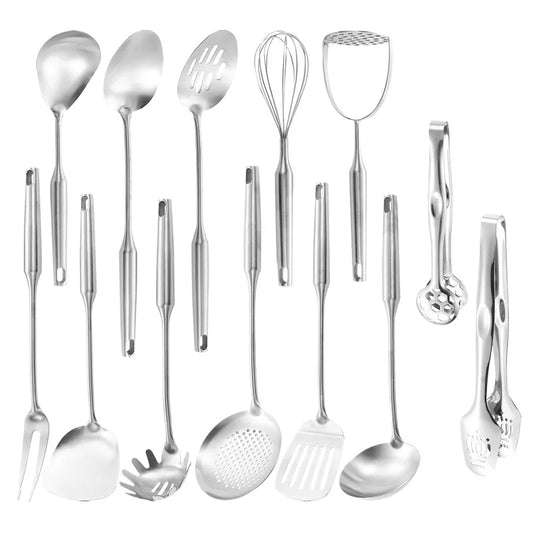 13-Piece Stainless Steel Kitchen Utensils Set – Long 304 Stainless Steel Cooking Utensil Set, Includes Ladle, Whisk, Tongs, Spatula, Skimmer, Turner, Pasta Server & More, Heat-Resistant & Dishwasher Safe 13 Pieces