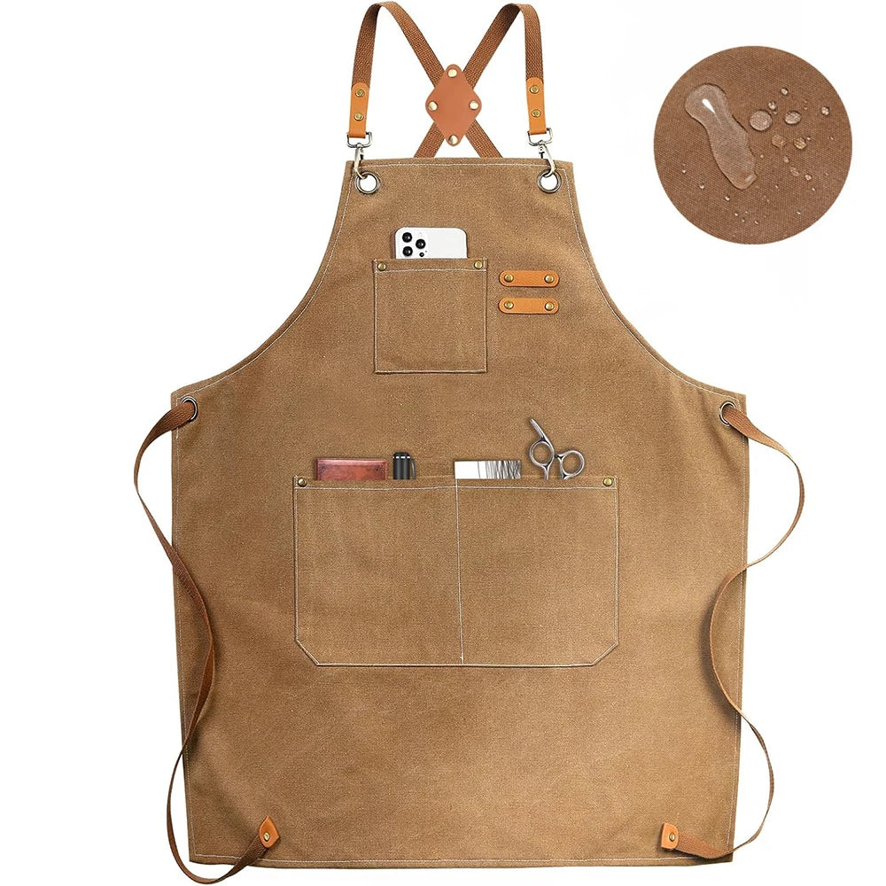 Canvas Chef Apron with Cross Back Straps – Cotton Kitchen Work Apron with Large Pockets – Best for Cooking, Baking & Grilling – Available in Dark Khaki, Blue, Black, White & Dark Grey Colours