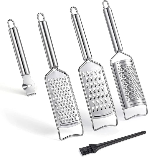 5-Piece Stainless Steel Kitchen Grater & Zester Set with Cleaning Brush – Includes Fine, Medium & Coarse Graters, Lemon Rind Remover / Citrus Peeler – Ideal for Cheese, Vegetables, Chocolate, Citrus & Daily Cooking Tasks