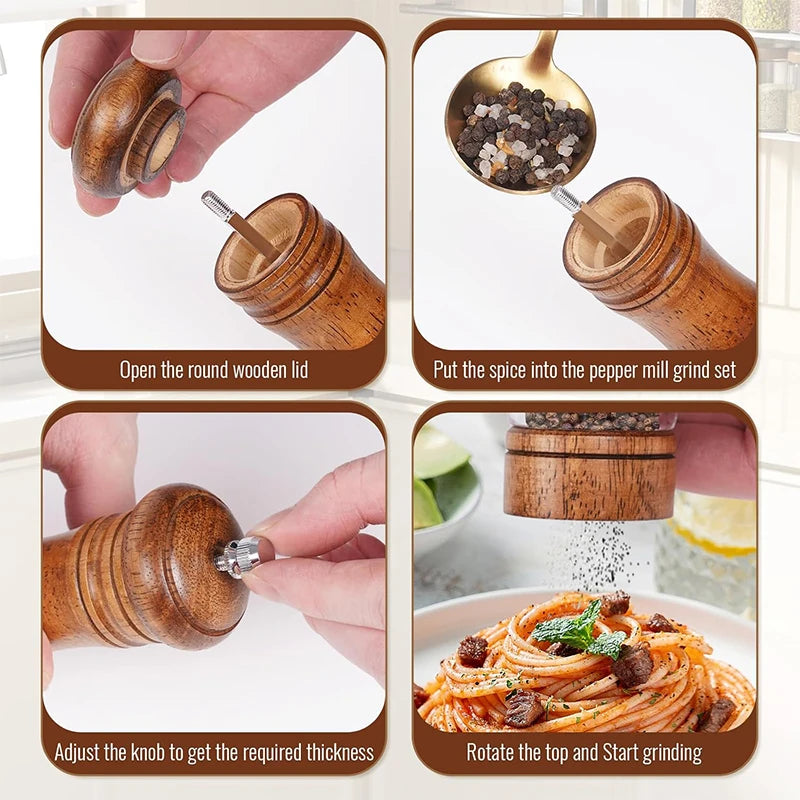 Classic Oak Wood Salt & Pepper Mill Set with Tray – Refillable Manual Spice Grinders – Great for the Dining Table & Kitchen