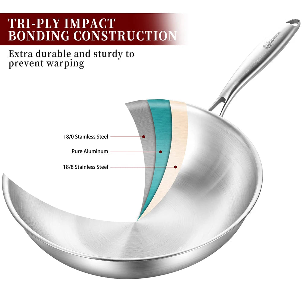 Stainless Steel Wok with Lid – Tri-Ply Durable Multi-Layer Construction for Even Heat Distribution – Ideal for Stir-Frying, Deep-Frying, Poaching, Searing, Sautéing, Tossing Noodles, Soups, Frying Eggs, Omelettes & One-Pan Dishes