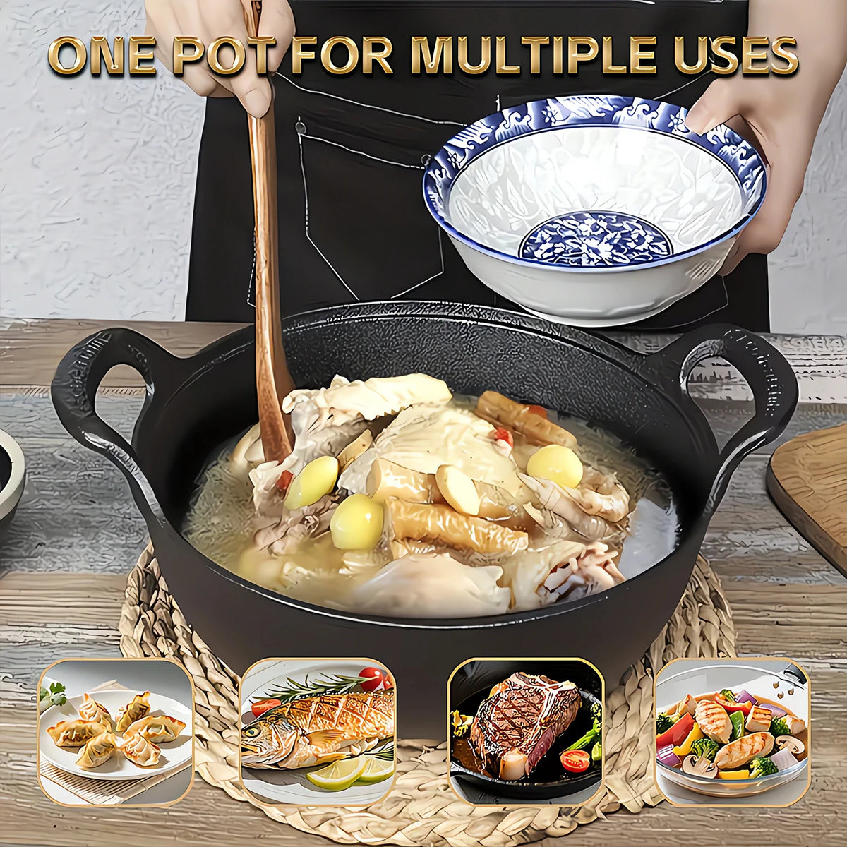 Cast Iron Wok with Double Handles – Traditional Handmade Uncoated Pre-Seasoned Stir-Fry Pot – Best for Stir-Fries, Stews & Campfire Cooking (27cm)
