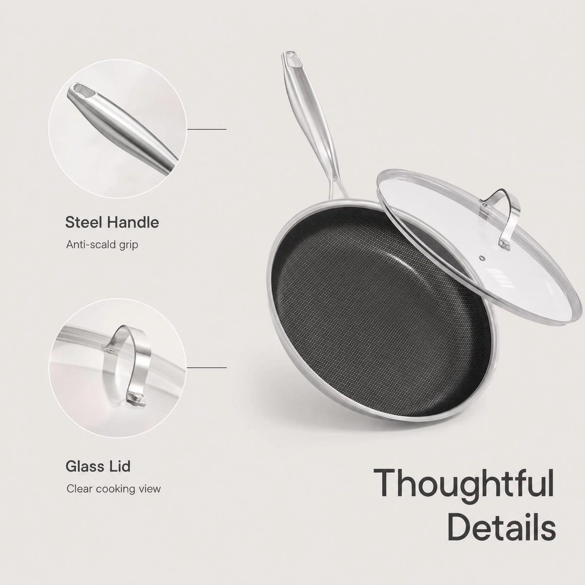 Honeycomb Stainless Steel Non-Stick Frying Pan with Glass Lid – 3-Ply Induction Skillet with Stay-Cool Handle – Ideal for Frying, Searing & Everyday Cooking (26cm)
