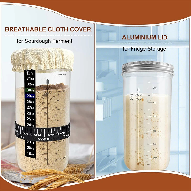 730ml Glass Sourdough Starter Jar Kit – 24oz Fermentation Jar with Date Marked Feeding Band – Great for Homemade Sourdough Bread