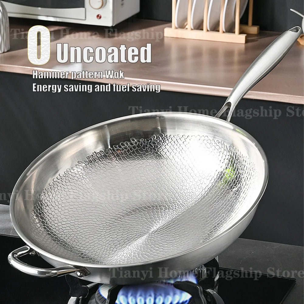 Titanium Stainless Steel Wok & Large Frying Pan – Uncoated 304 Steel Chef's Pan for Induction & Gas – Best for Stir-Frying, Steaks & Family Meals – Available in 32cm & 34cm