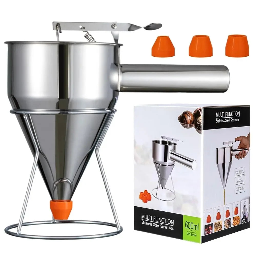 Pancake & Cupcake Batter Dispenser with Stand – 4 Nozzle Stainless Steel Funnel with Thumb Lever – Perfect for Muffins, Crepes & Waffles