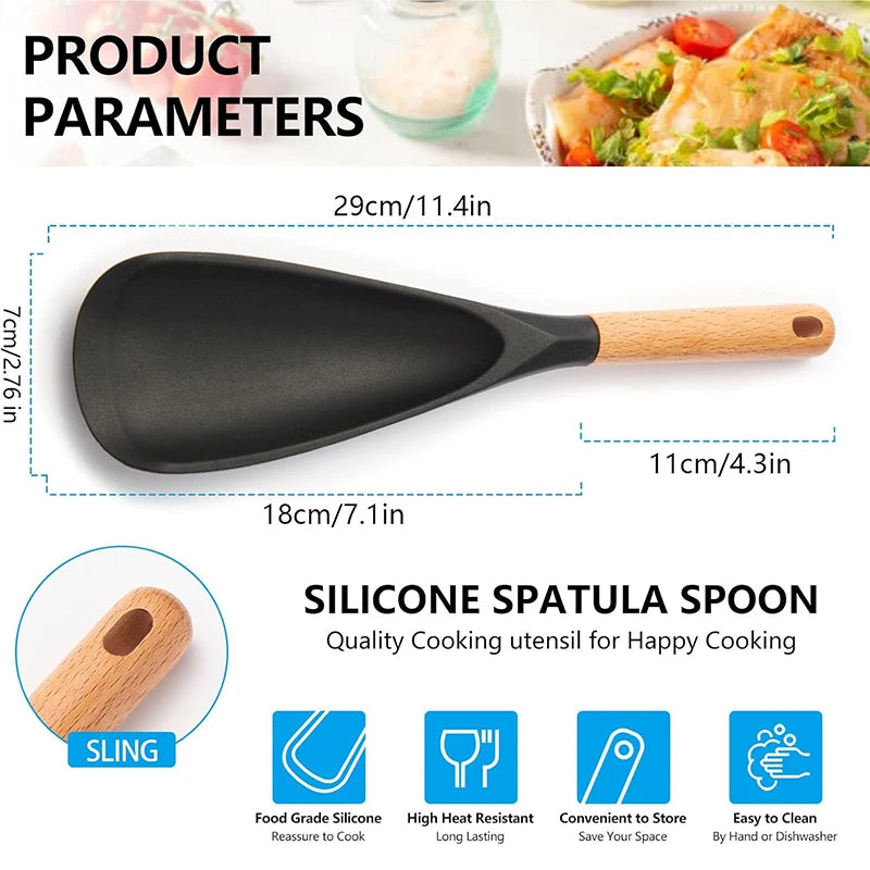 Silicone Cooking Spoon with Wooden Handle – Multi-Function Spatula Spoon for Nonstick Cookware – Great for Mixing, Stirring & Serving