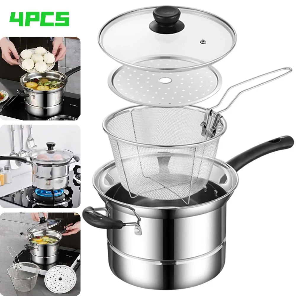 Stainless Steel Chip Pan with Frying Basket & Glass Lid – Deep Fat Fryer & Soup Pot with Encapsulated Base – Ideal for Chips, Noodles & Soups