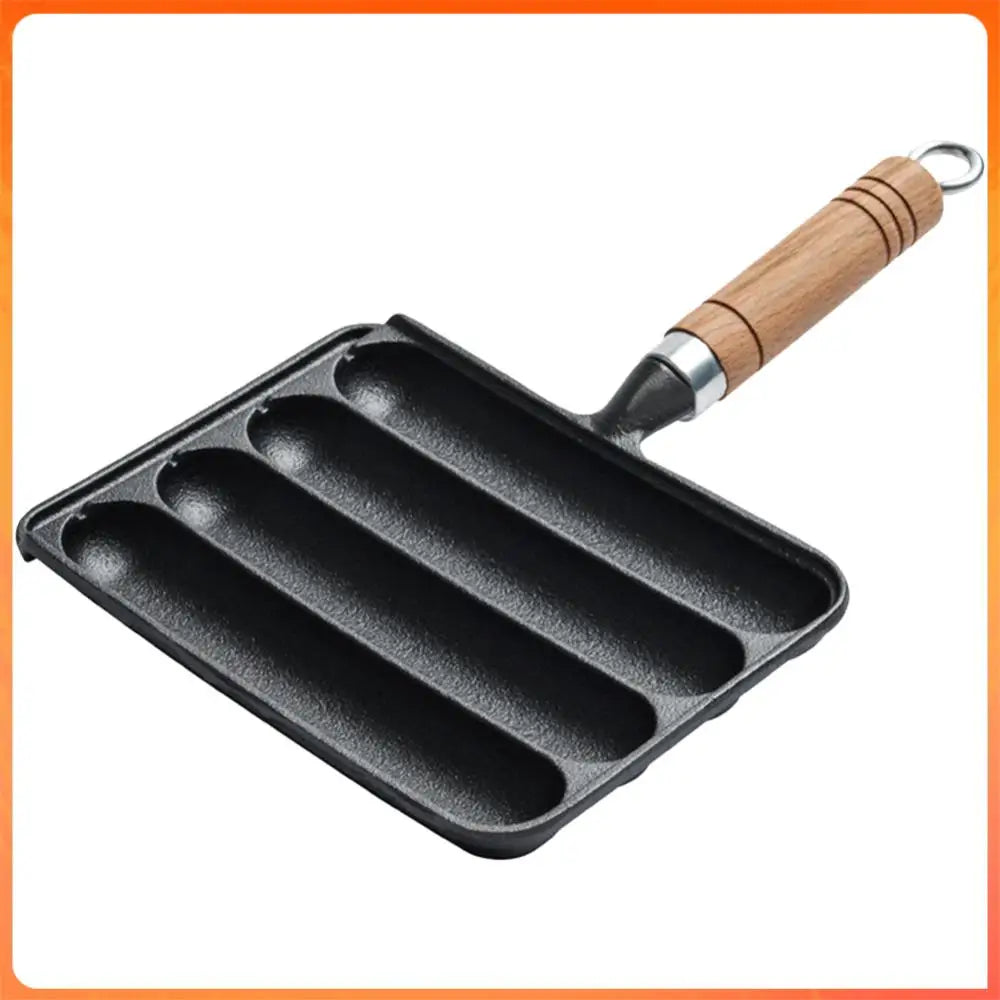 Cast  Iron Preseasoned Grilled Sausage Pot Nonstick Hot Dog Pan With Wooden Handle Hot Dog  Anti Scald
