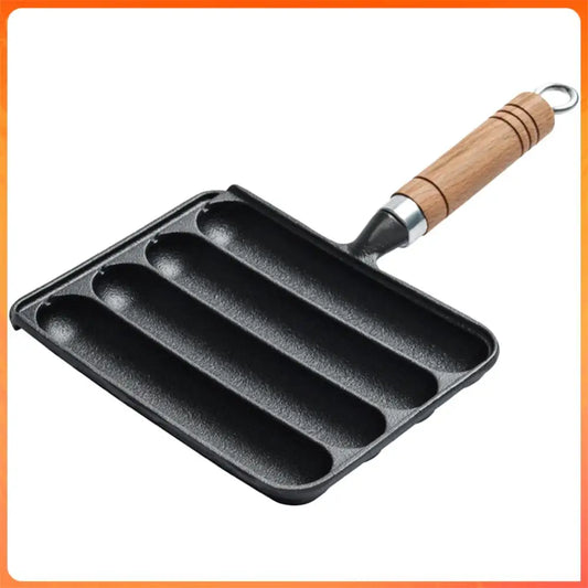 Cast Iron Preseasoned Grilled Sausage Pot Nonstick Hot Dog Pan With Wooden Handle Hot Dog Anti Scald China Mainland