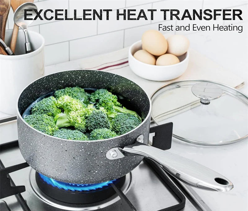 3-Piece Non-Stick Aluminium Saucepan Set with Lids & Stainless Steel Handles – Multipurpose Saucepans for Boiling,Simmering, Reheating, Gravies, Curries, Sauces, Pasta & Grains – Compatible with Gas, Induction & Electric Stoves – Includes 1.5Qt, 2Qt & 3Qt