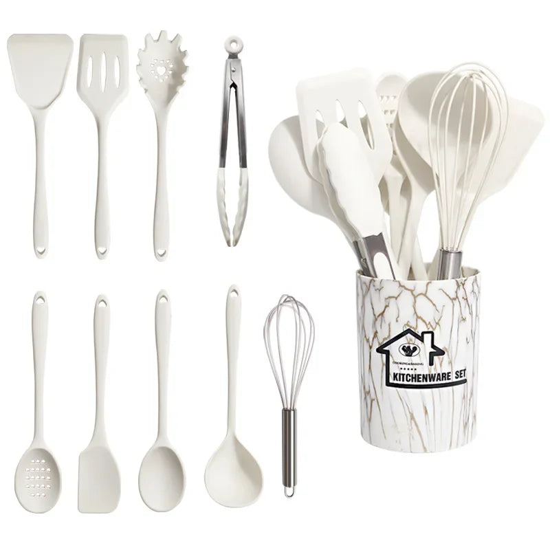 10/18-Piece Silicone Kitchen Utensils Set – Heat-Resistant Spatulas, Spoons, Turners, Brush, Whisk, and More Safe for Non-Stick Cookware & Daily Cooking – Available in Black & White