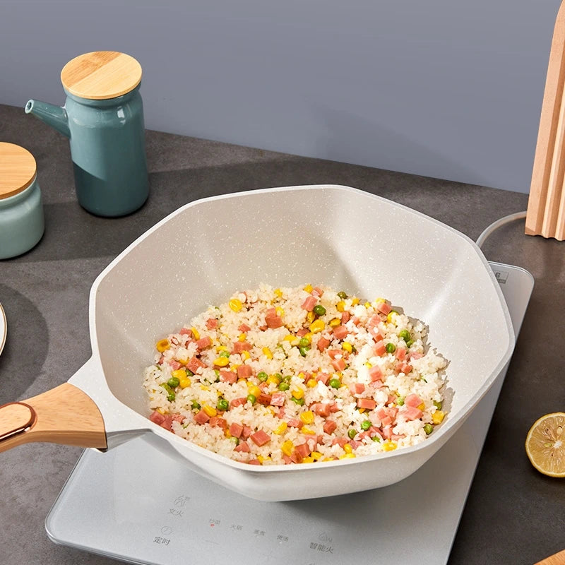 Octagonal Medical Stone Non-Stick Wok Frying Pan with Glass Lid – Deep Skillet for Stir-Fries, Sautéing, Frying, Soup, Noodles, Steak, Eggs, Pancakes & One-Pan Meals – Induction & Gas Compatible – Available in 30cm &  32cm