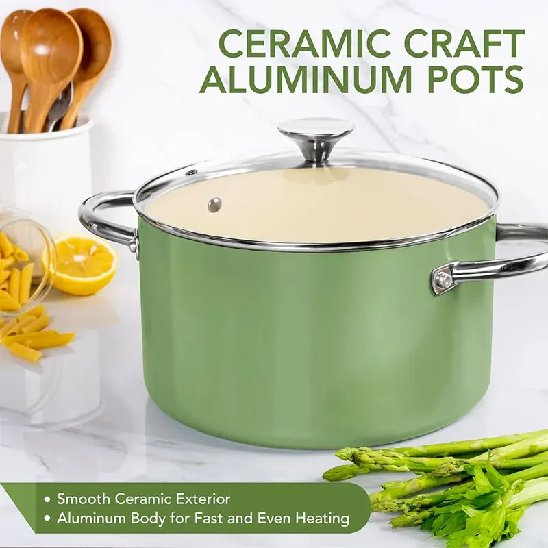 Ceramic Stock Pot with Glass Lid – 6-Quart Non-Stick Cooking Pot, Induction-Compatible – Ideal for Soups, Stews, Curries, Simmering, Sautéing & One-Pot Meals – Available in Green, Blue, Beige & Black