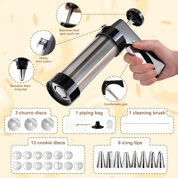 3-in-1 Stainless Steel Churro Maker & Cookie Press Kit – Spritz Biscuit Gun with Moulds – Great for Churros, Biscuits & Piped Desserts